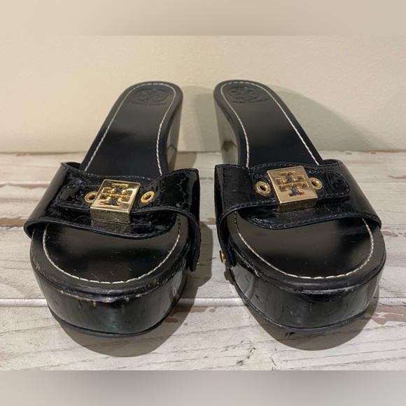 Tory Burch Leather Paten Leather Wedge Slide Sandel 8.5M Black - Picture 8 of 8